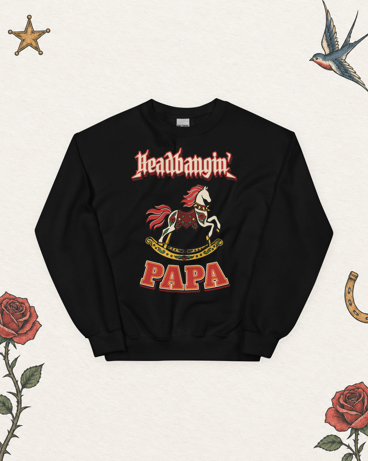 Headbangin' Papa Varsity Crewneck Sweatshirt in Black, product view on pale ivory with faded colored tattoo flash.