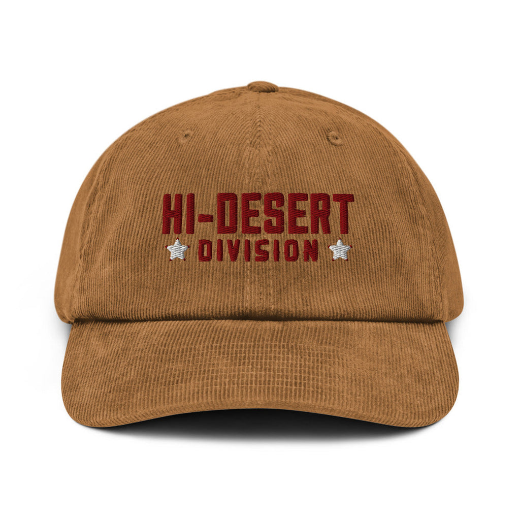 Hi-Desert Division Embroidered Corduroy Cap in Camel, product view on clean background.
