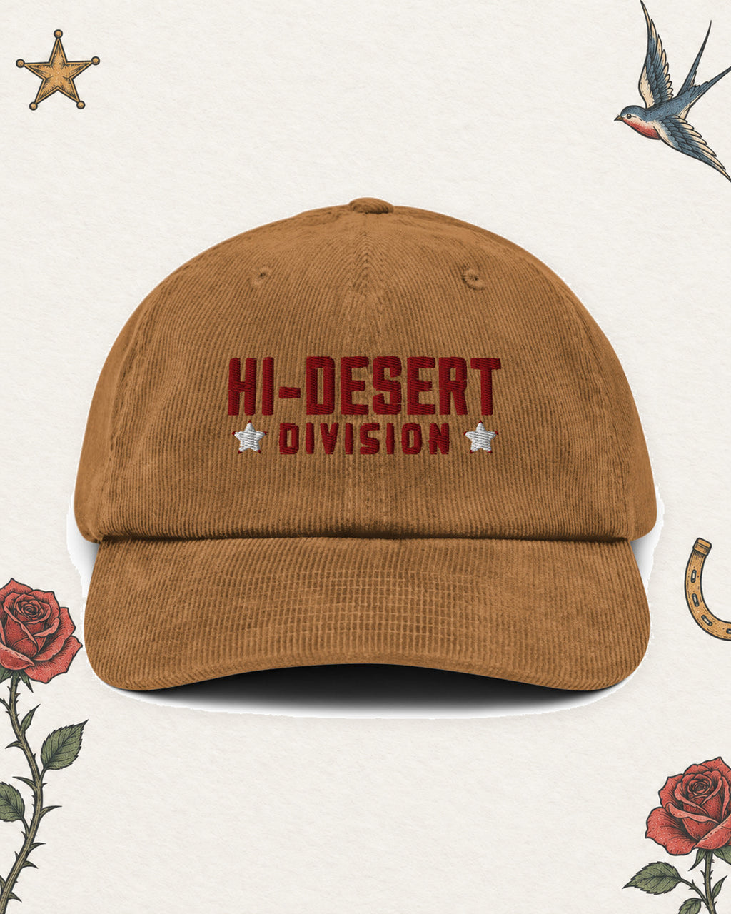 Hi-Desert Division Embroidered Corduroy Cap in Camel, product view on pale ivory with faded colored tattoo flash.
