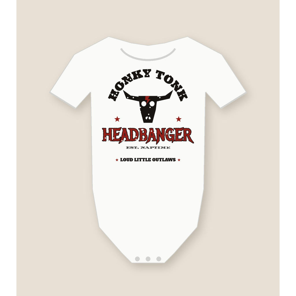 Honky Tonk Headbanger Baby Bodysuit in White, product view on clean background.