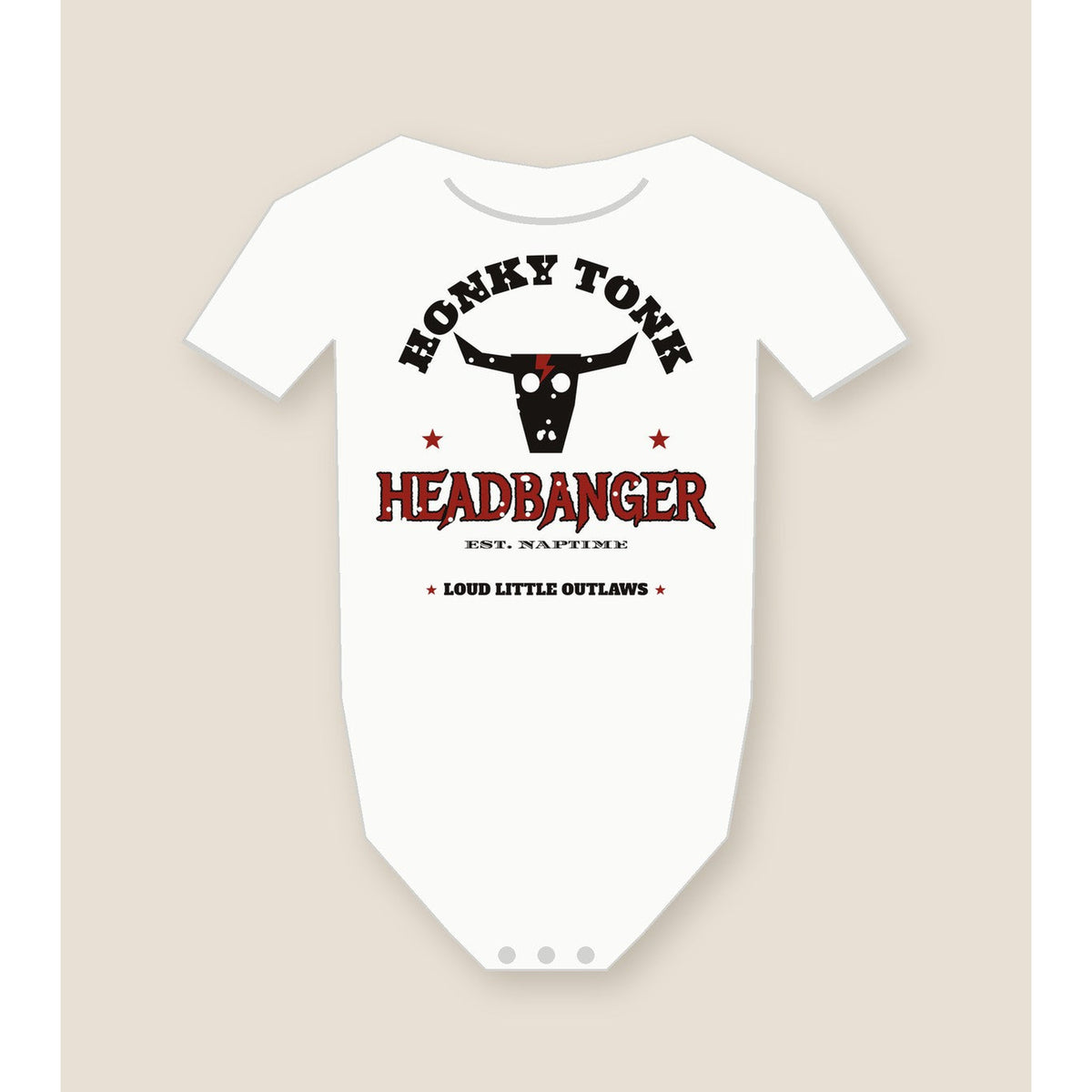 Honky Tonk Headbanger Baby Bodysuit in White, product view on clean background.