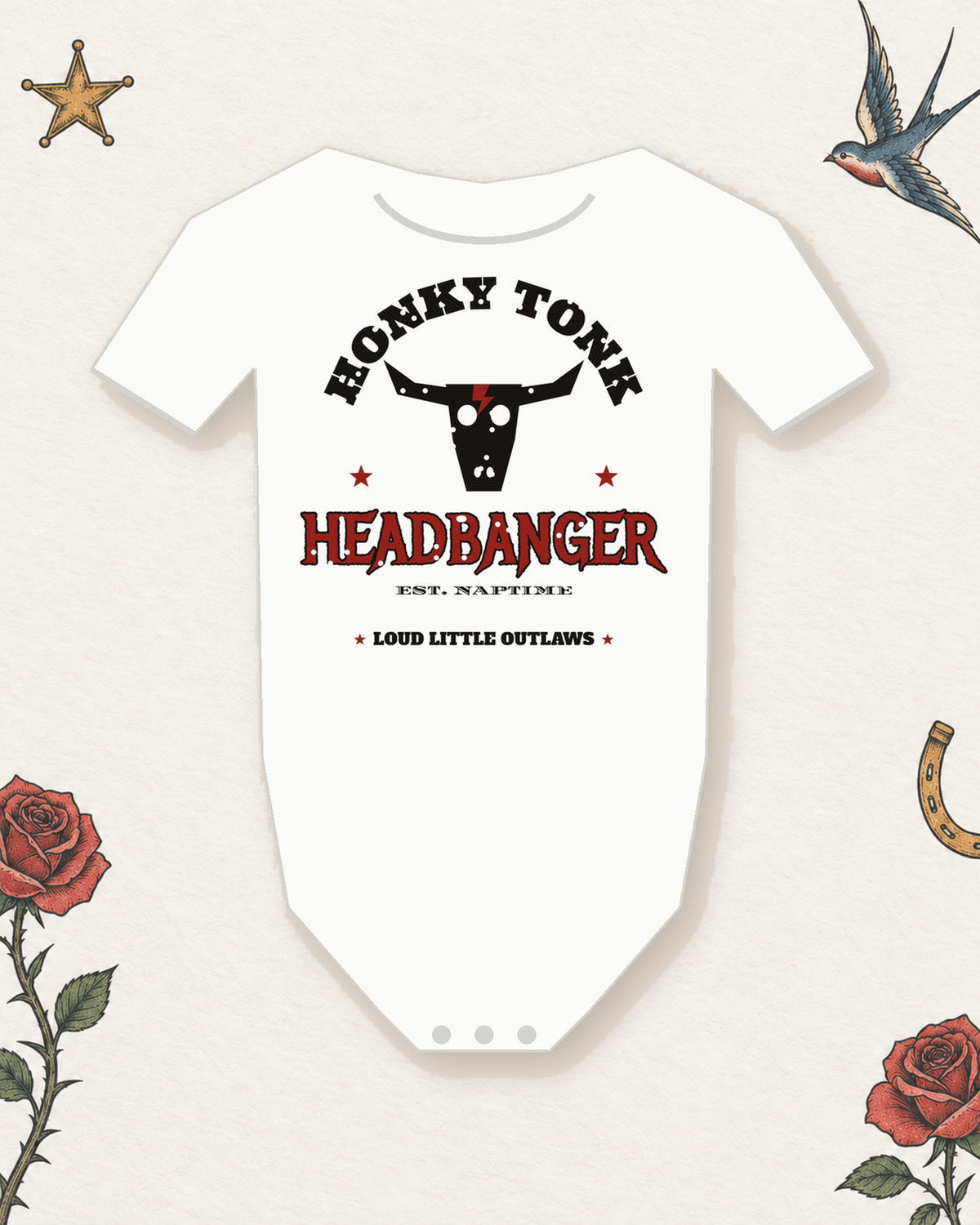 Honky Tonk Headbanger Baby Bodysuit in White, product view on pale ivory with faded colored tattoo flash.