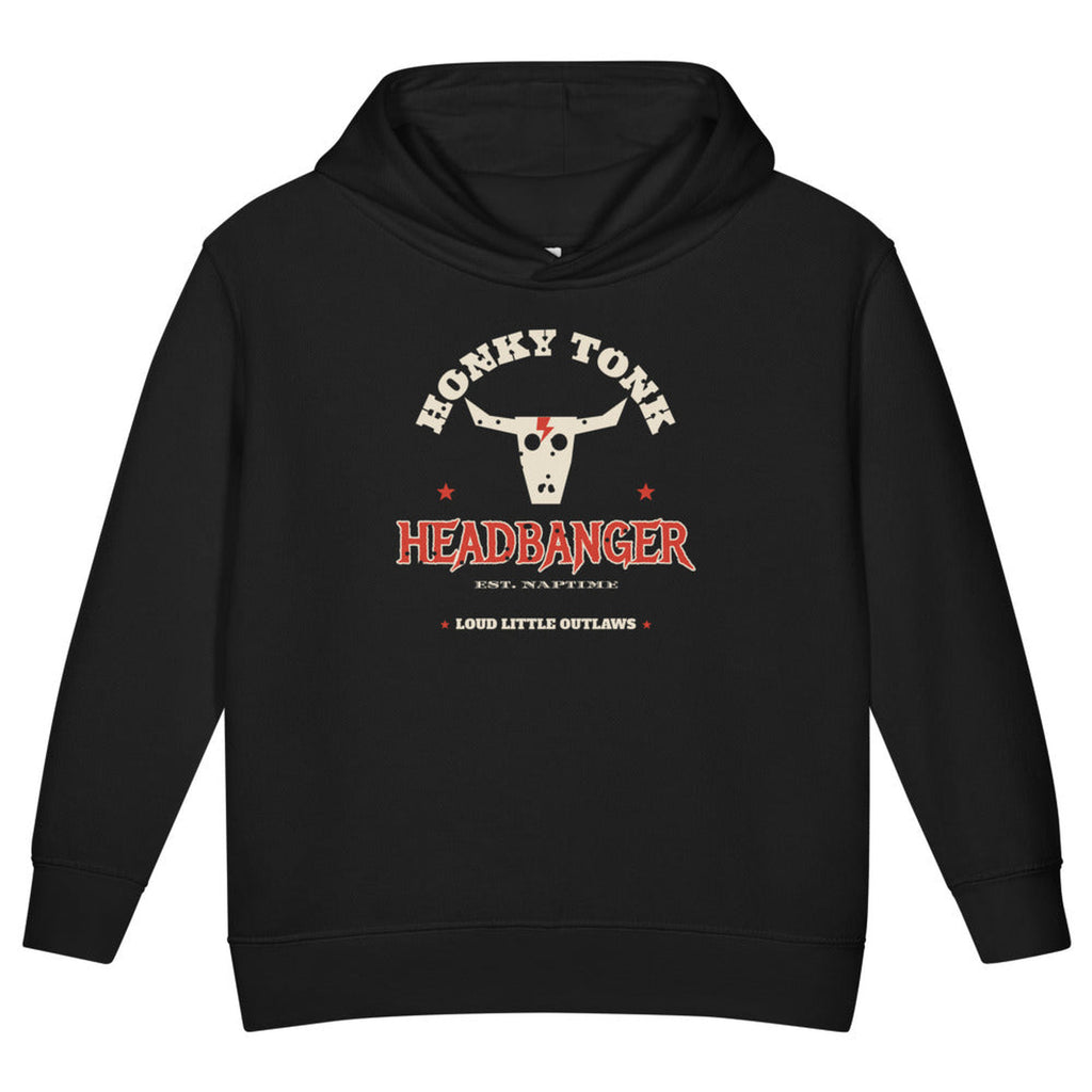 Honky Tonk Headbanger Toddler Hoodie in Black, product view on clean background.