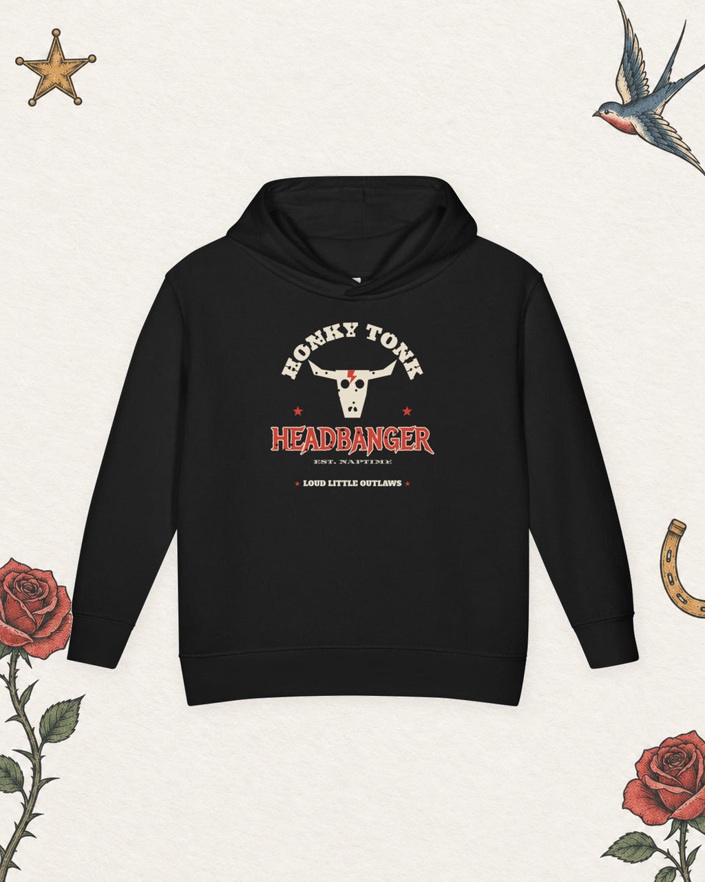Honky Tonk Headbanger Toddler Hoodie in Black, product view on pale ivory with faded colored tattoo flash.