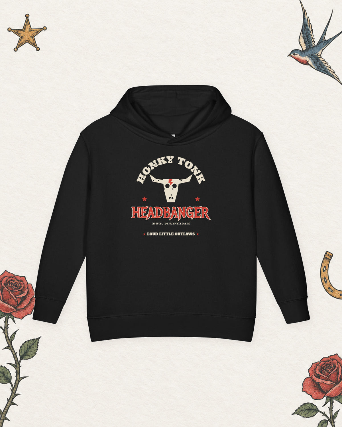 Honky Tonk Headbanger Toddler Hoodie in Black, product view on pale ivory with faded colored tattoo flash.