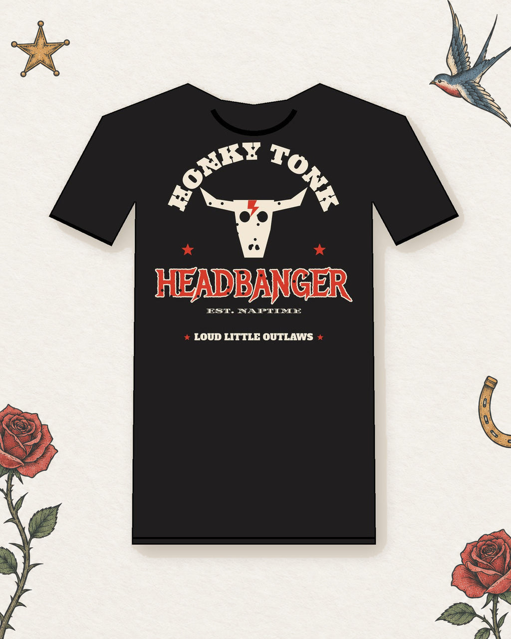 Honky Tonk Headbanger Toddler Tee in Black, product view on pale ivory with faded colored tattoo flash.