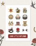 Little Outlaw Flash Sticker Sheet in Multicolor, product view on pale ivory with faded colored tattoo flash.