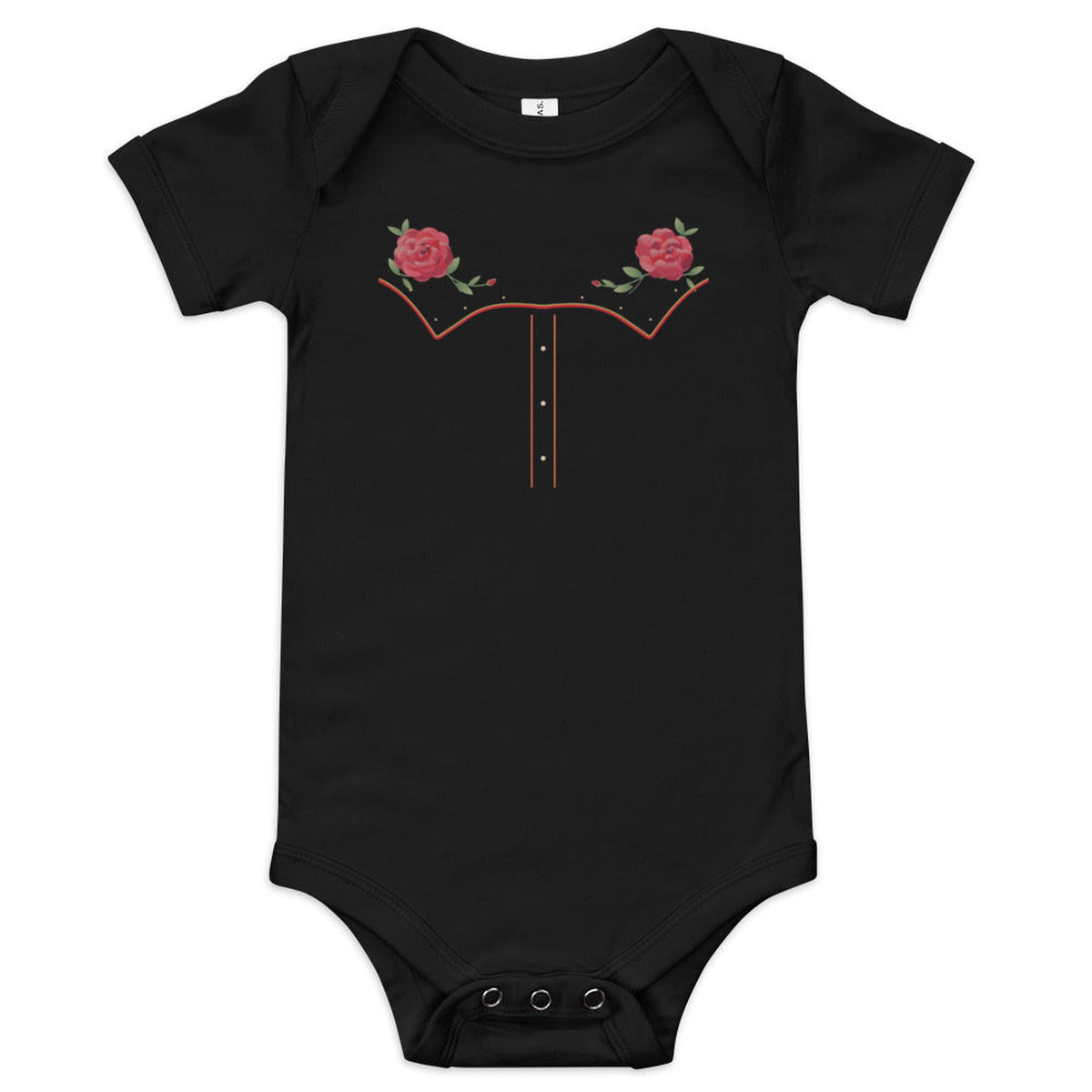 Little Rodeo Suit Baby Bodysuit, Midnight Rose in Black, product view on clean background.