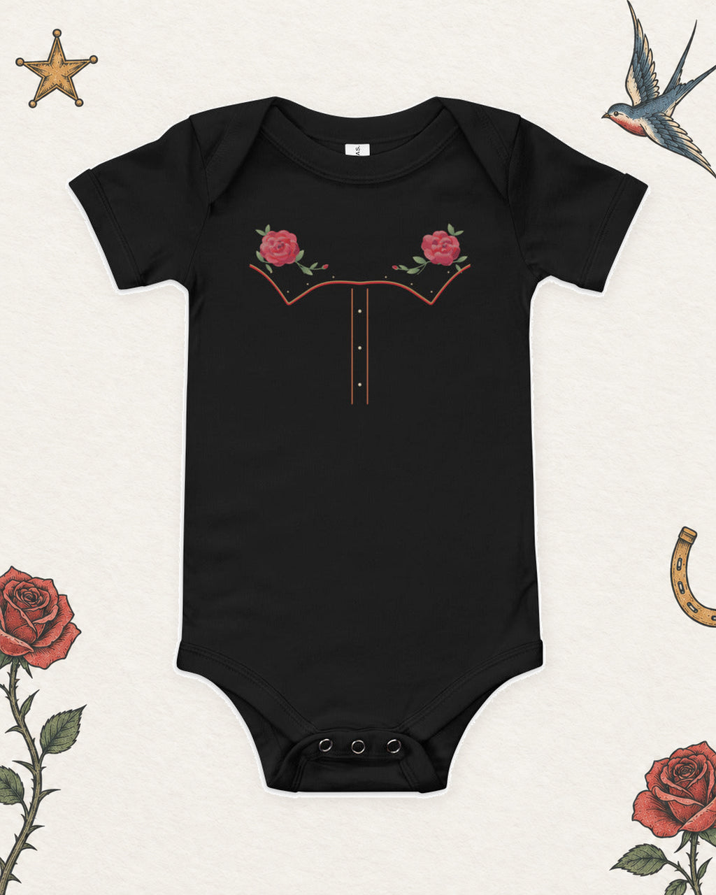 Little Rodeo Suit Baby Bodysuit, Midnight Rose in Black, product view on pale ivory with faded colored tattoo flash.
