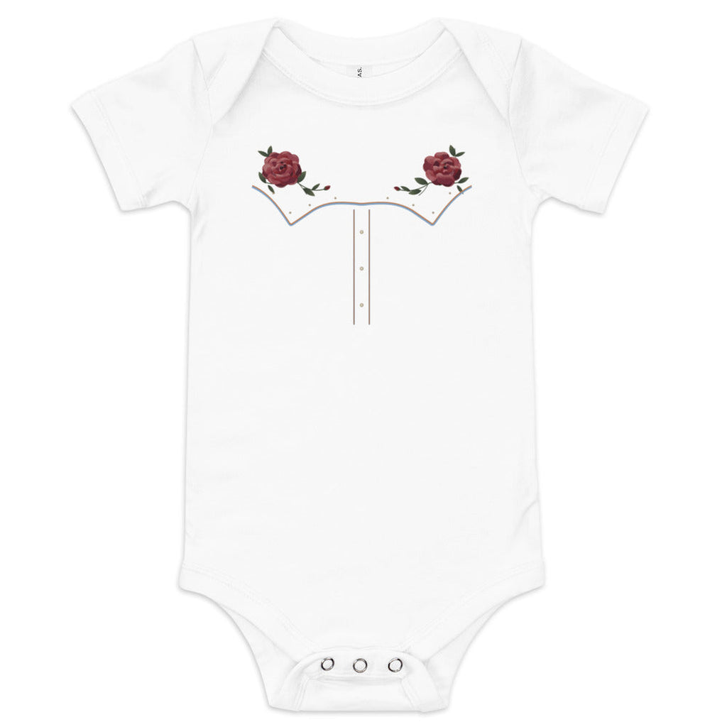 Little Rodeo Suit Baby Bodysuit, Powder Blue Star in White, product view on clean background.