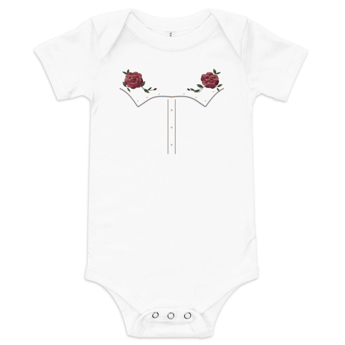 Little Rodeo Suit Baby Bodysuit, Powder Blue Star in White, product view on clean background.