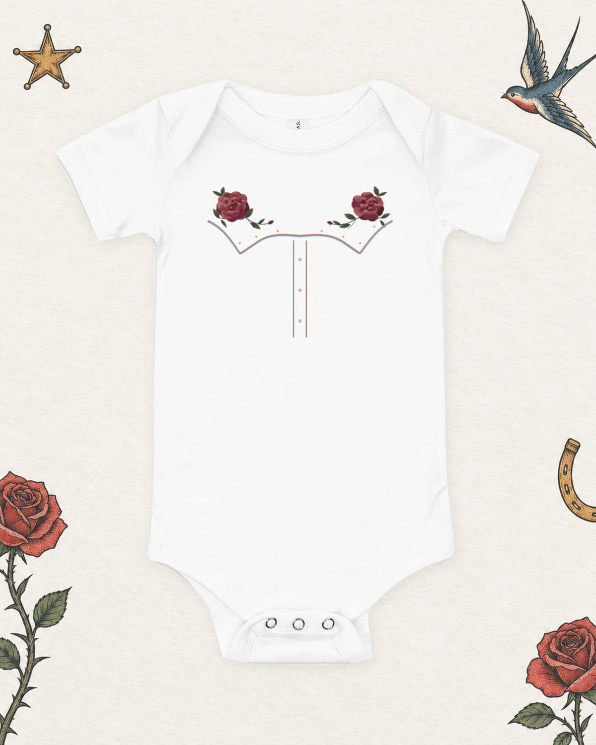 Little Rodeo Suit Baby Bodysuit, Powder Blue Star in White, product view on pale ivory with faded colored tattoo flash.
