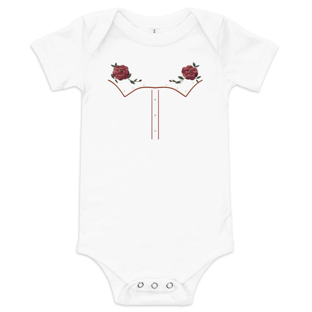 Little Rodeo Suit Baby Bodysuit, Sunday Best in White, product view on clean background.