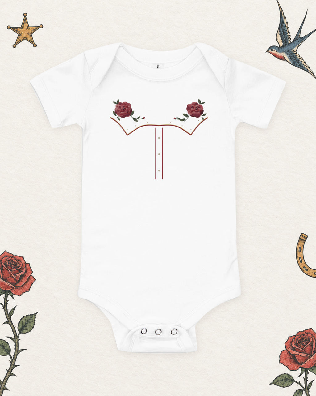 Little Rodeo Suit Baby Bodysuit, Sunday Best in White, product view on pale ivory with faded colored tattoo flash.