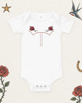 Little Rodeo Suit Baby Bodysuit, Sunday Best in White, product view on pale ivory with faded colored tattoo flash.