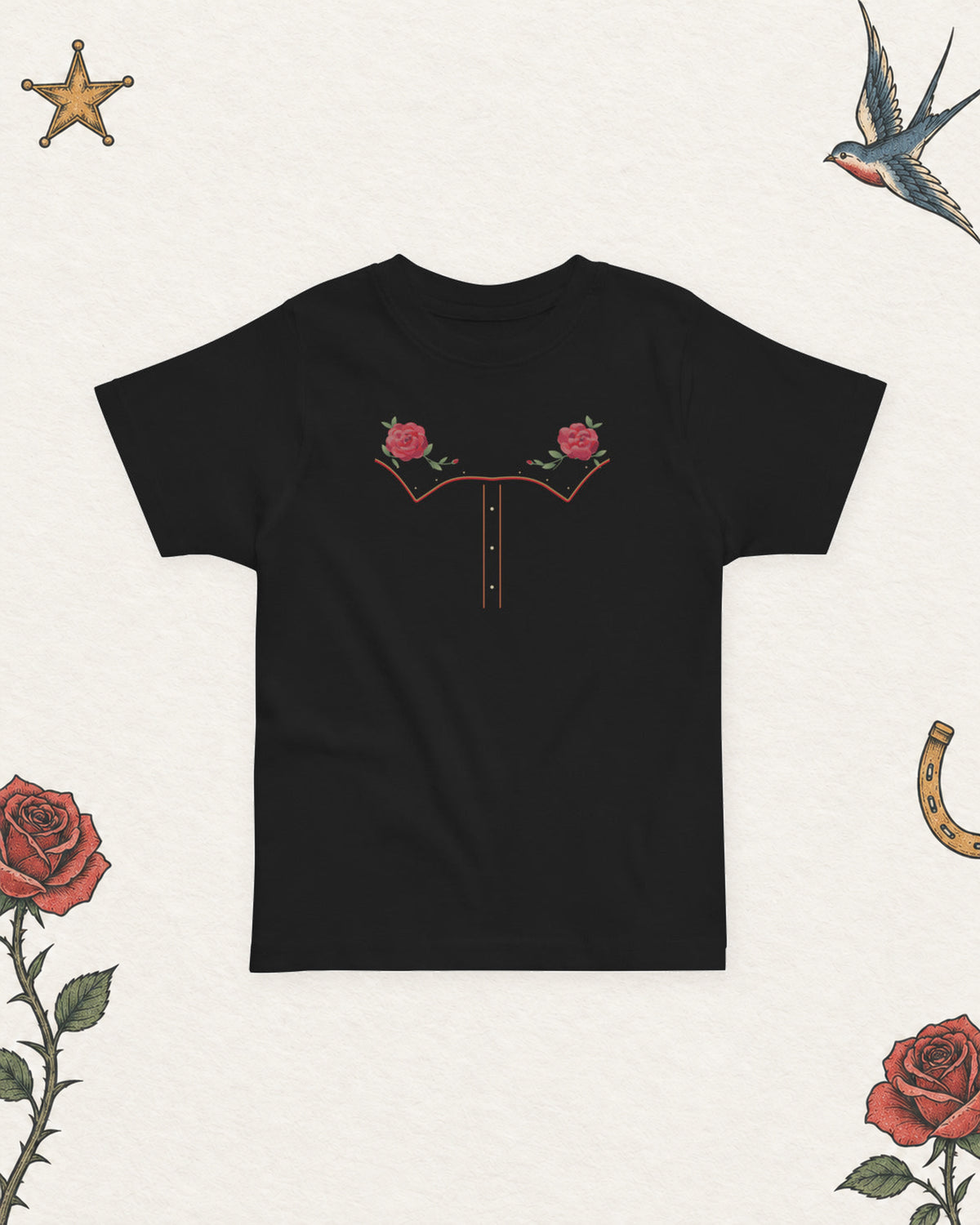 Little Rodeo Suit Toddler T-Shirt, Midnight Rose in Black, product view on pale ivory with faded colored tattoo flash.