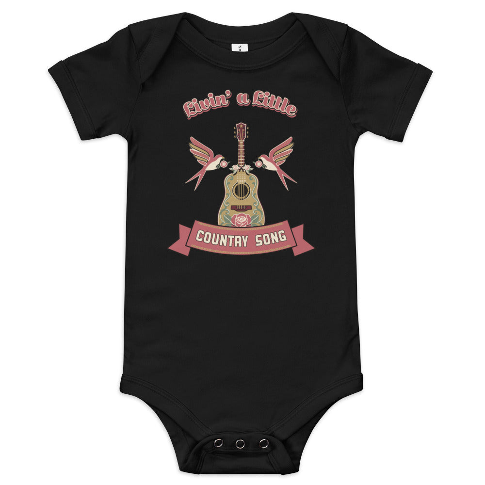 Livin' a Little Country Song Baby Bodysuit, black, floral acoustic guitar, swallows and country-song ribbon, product view.