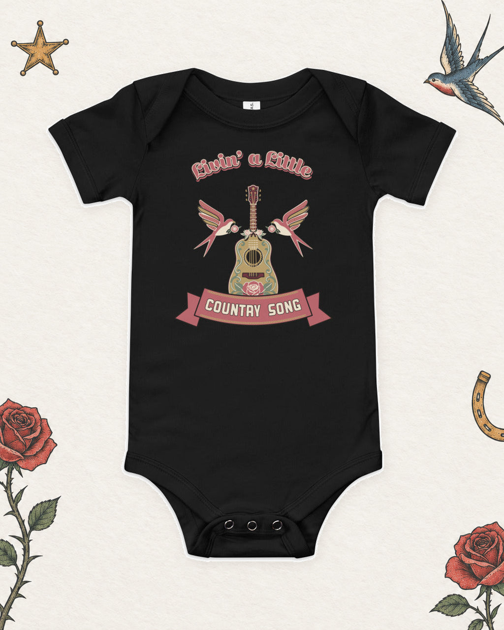 Livin' a Little Country Song Baby Bodysuit in White, product view on pale ivory with faded colored tattoo flash.
