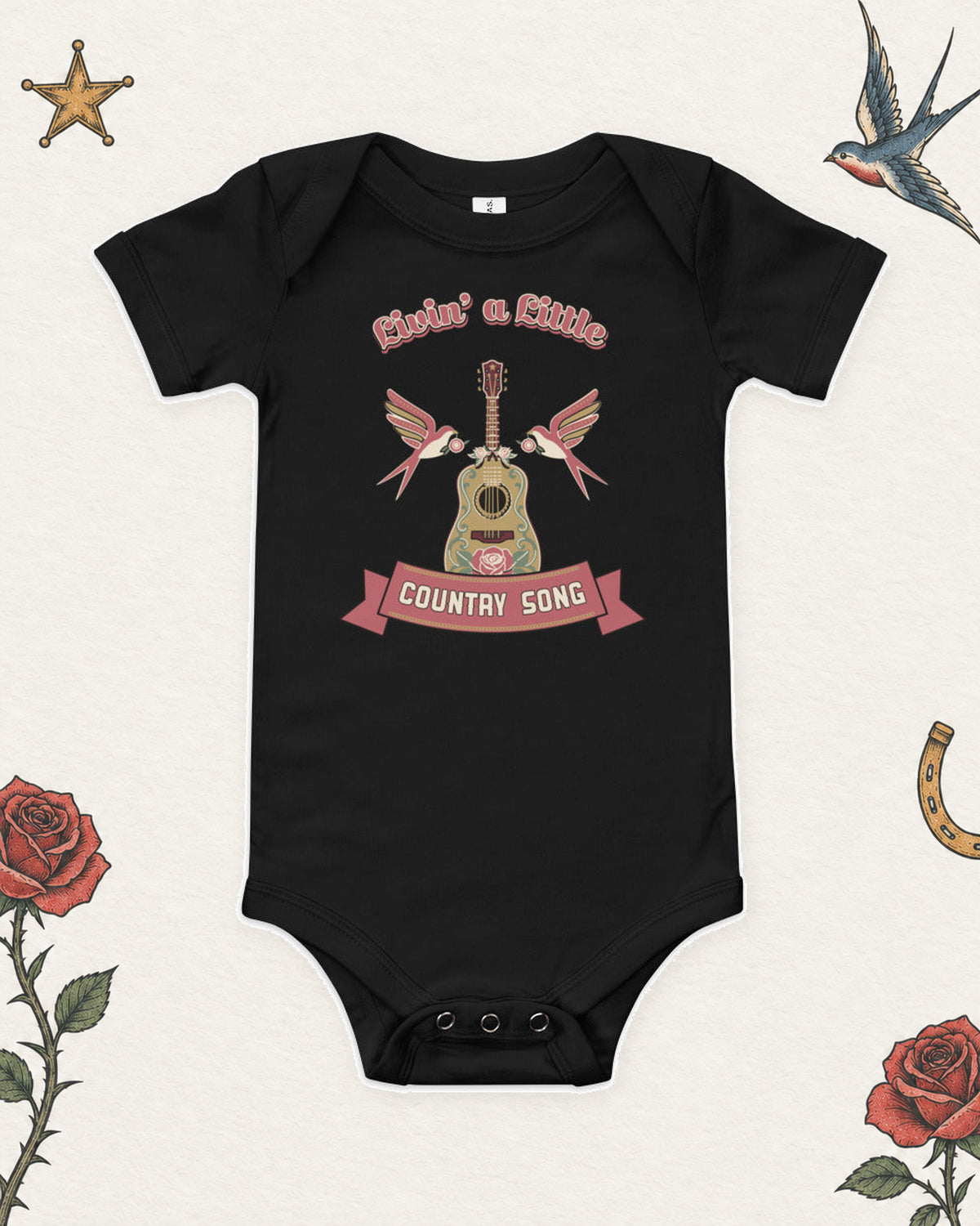 Livin' a Little Country Song Baby Bodysuit in White, product view on pale ivory with faded colored tattoo flash.