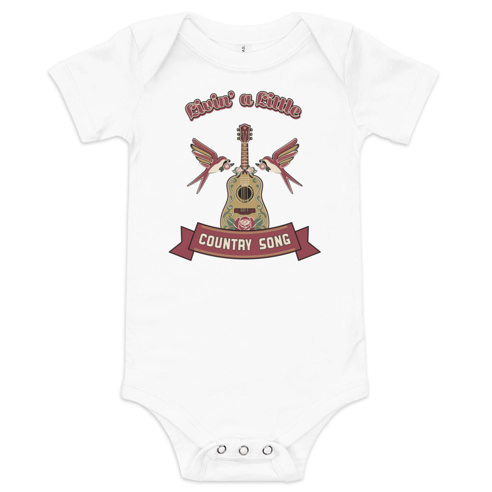 Livin' a Little Country Song Baby Bodysuit, white, floral acoustic guitar, swallows and country-song ribbon, product view.