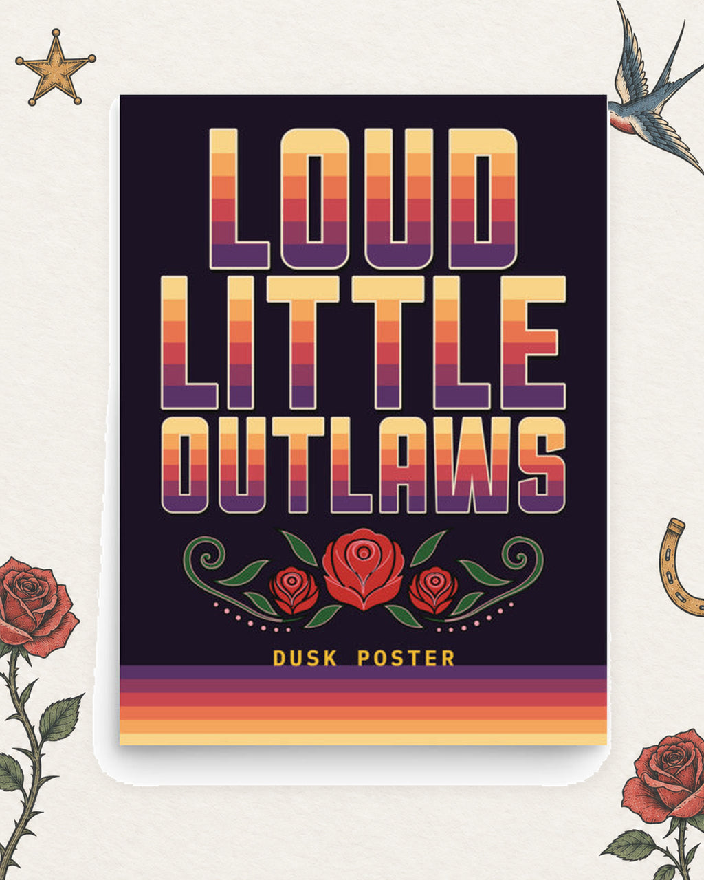Loud Little Outlaws Dusk Poster in Multicolor, product view on pale ivory with faded colored tattoo flash.