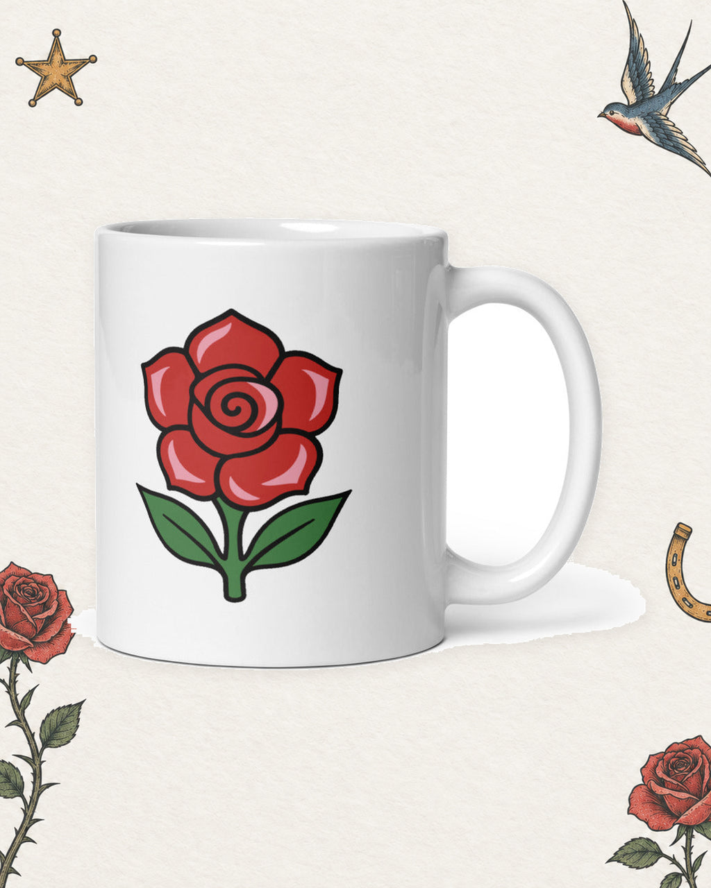 Loud Little Outlaws Rose Mug in White, product view on pale ivory with faded colored tattoo flash.