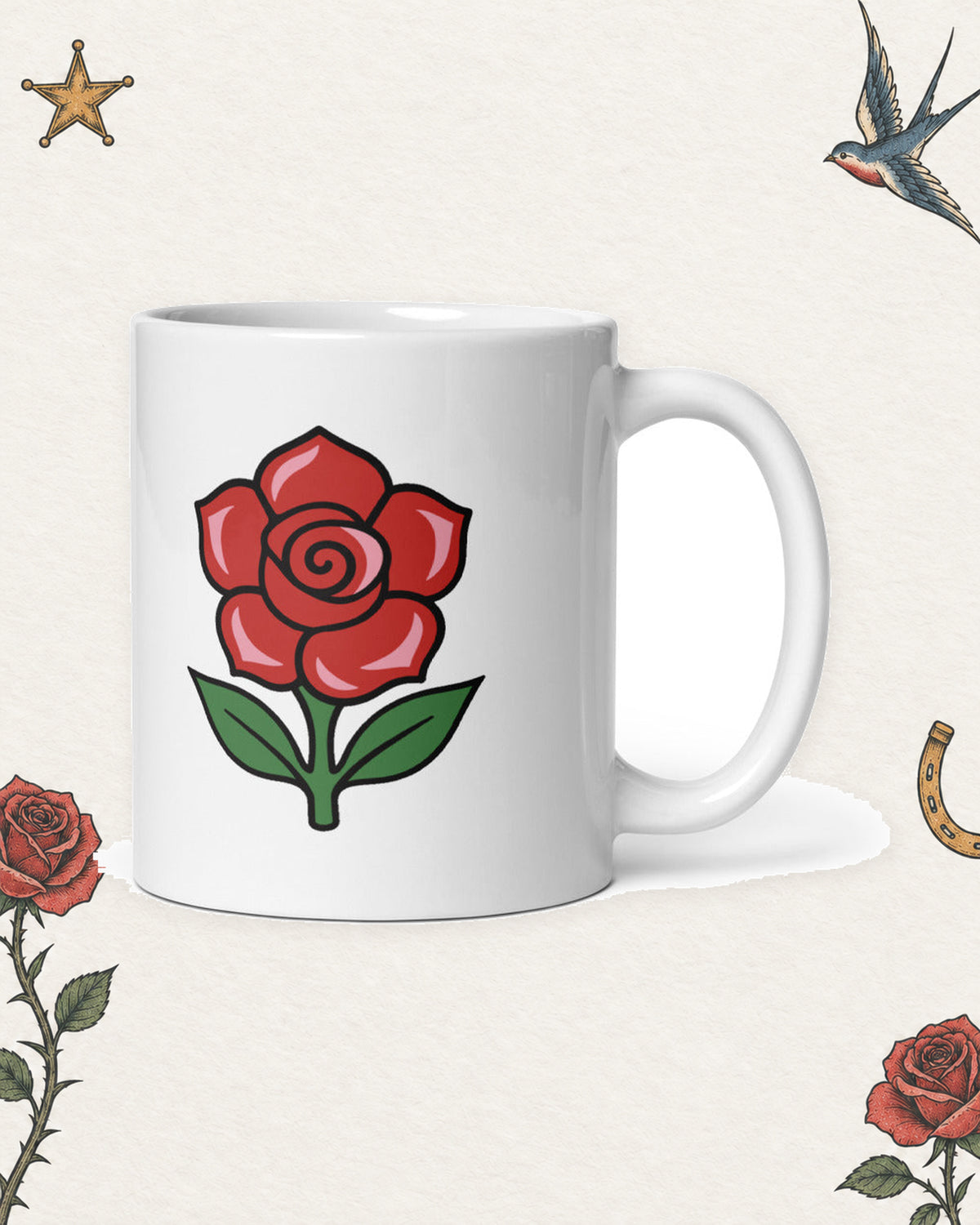 Loud Little Outlaws Rose Mug in White, product view on pale ivory with faded colored tattoo flash.