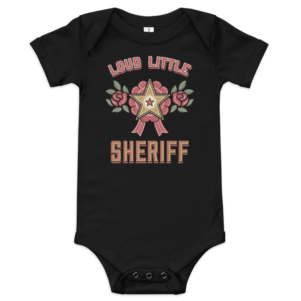 Loud Little Sheriff Baby Bodysuit, Western Sheriff Star in White, product view on clean background.