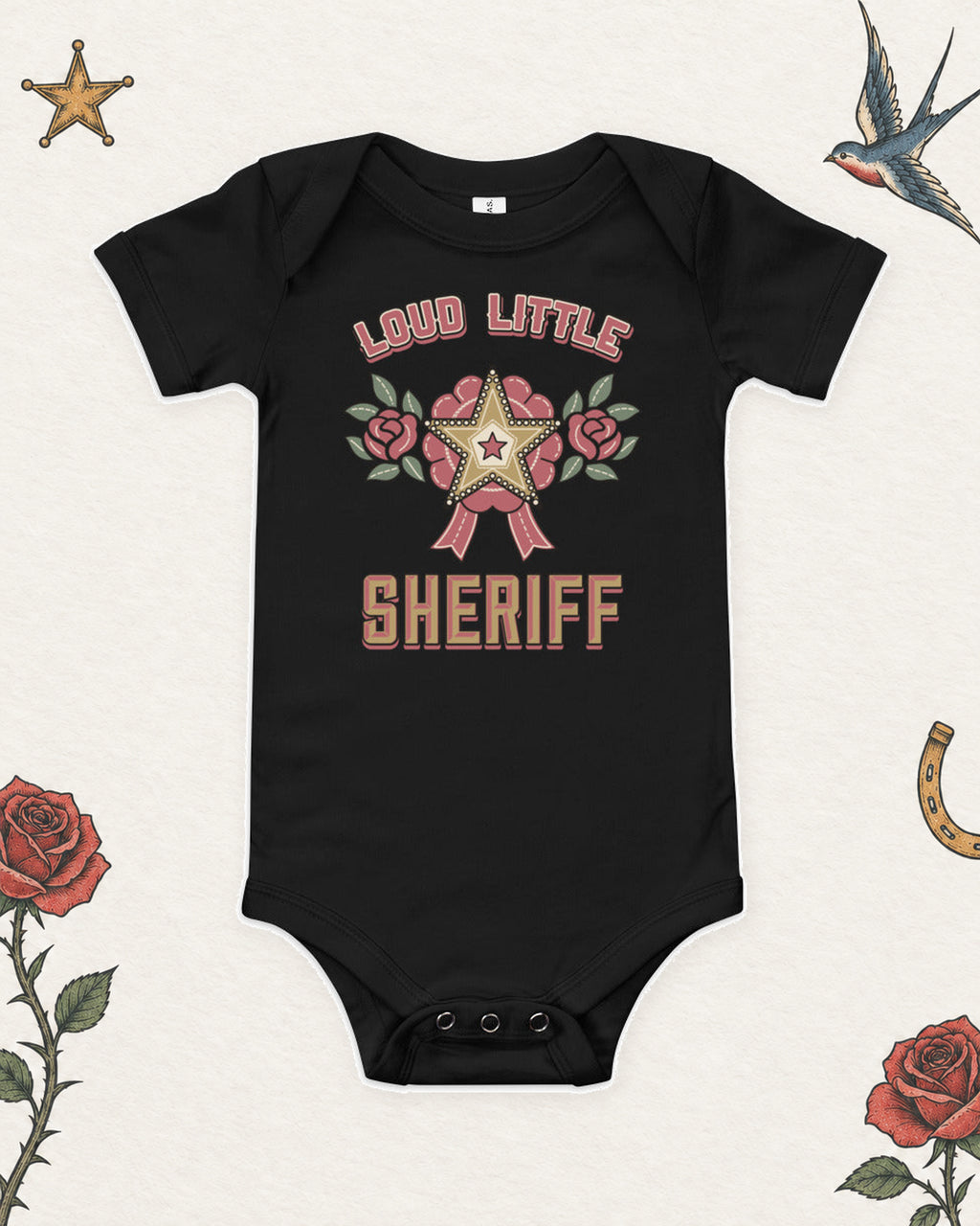 Loud Little Sheriff Baby Bodysuit, Western Sheriff Star in White, product view on pale ivory with faded colored tattoo flash.