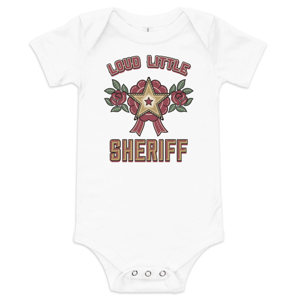 Loud Little Sheriff Baby Bodysuit, Western Sheriff Star, white, rose-framed sheriff star with printed jewel-like dots, product view.