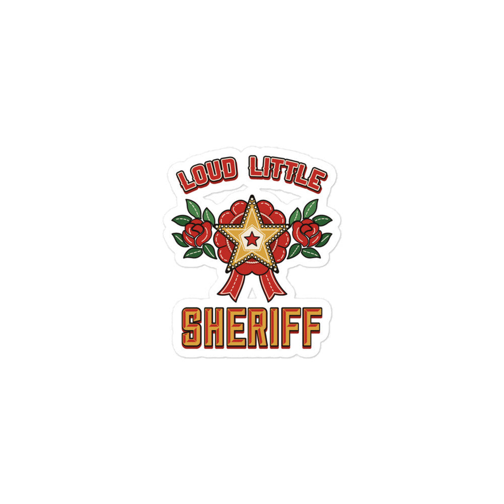 Loud Little Sheriff Sticker in Red / Black / Gold, product view on clean background.