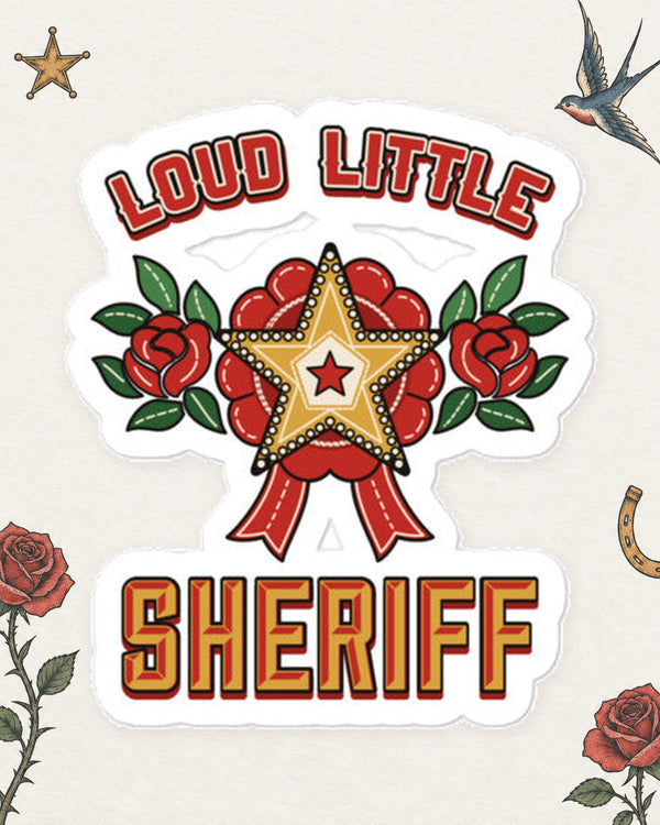 Loud Little Sheriff Sticker in Red / Black / Gold, product view on pale ivory with faded colored tattoo flash.