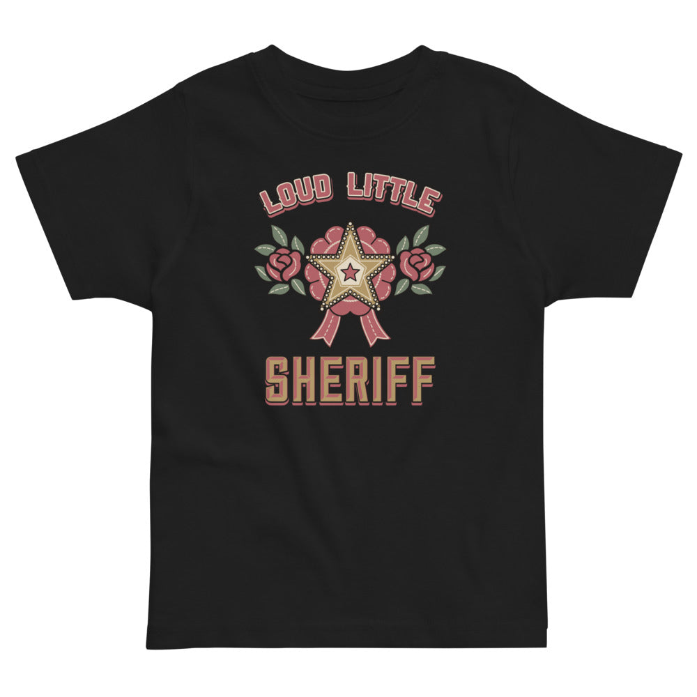 Loud Little Sheriff Toddler T-Shirt, Western Sheriff Star, black, rose-framed sheriff star with printed jewel-like dots, product view.