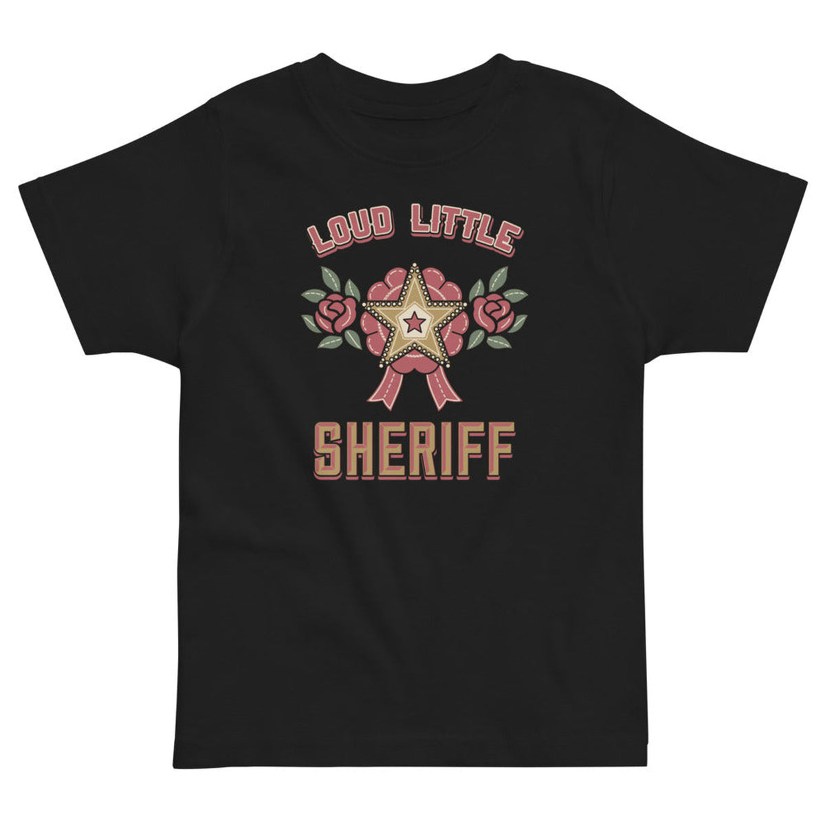 Loud Little Sheriff Toddler T-Shirt, Western Sheriff Star in Black, product view on clean background.