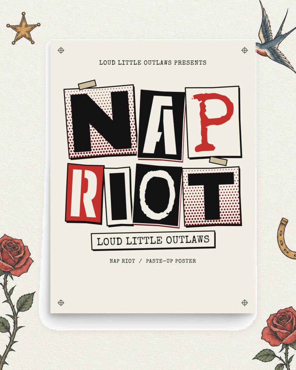 Nap Riot Poster in Black / Red / Cream, product view on pale ivory with faded colored tattoo flash.