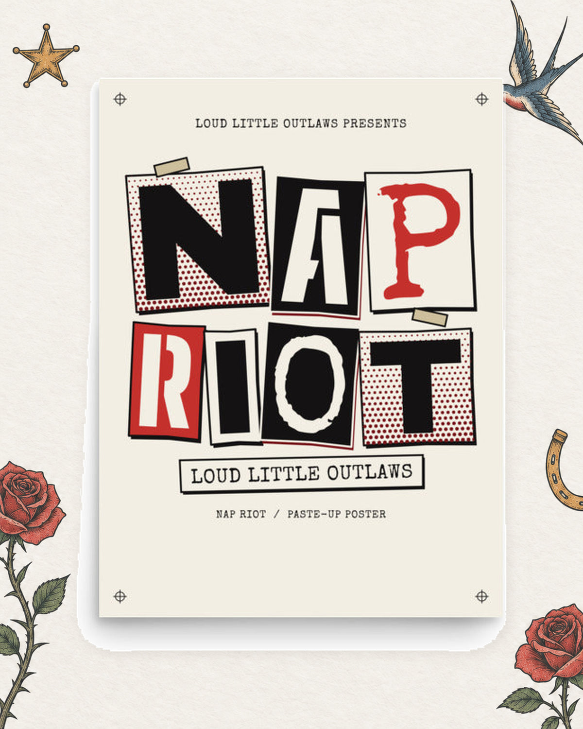 Nap Riot Poster in Black / Red / Cream, product view on pale ivory with faded colored tattoo flash.