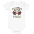 Naps Are for Posers Baby Bodysuit, white, crossed rattles, roses and Naps Are for Posers lettering, product view.