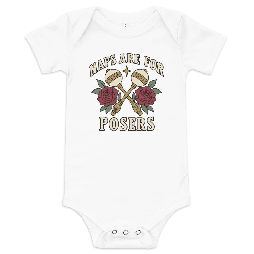 Naps Are for Posers Baby Bodysuit, white, crossed rattles, roses and Naps Are for Posers lettering, product view.