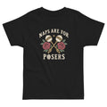 Naps Are for Posers Toddler Tee, black, crossed rattles, roses and Naps Are for Posers lettering, product view.