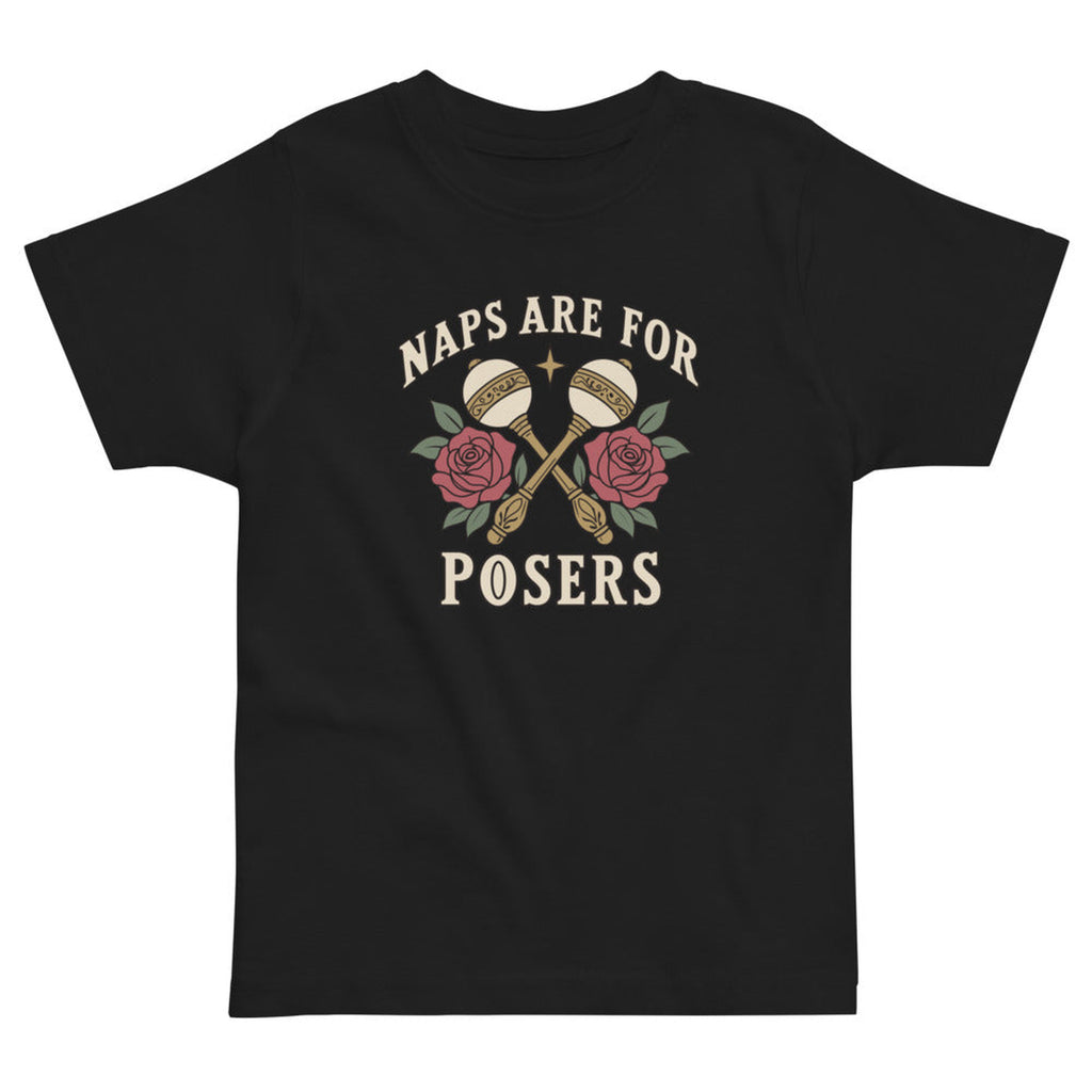 Naps Are for Posers Toddler Tee in Black, product view on clean background.
