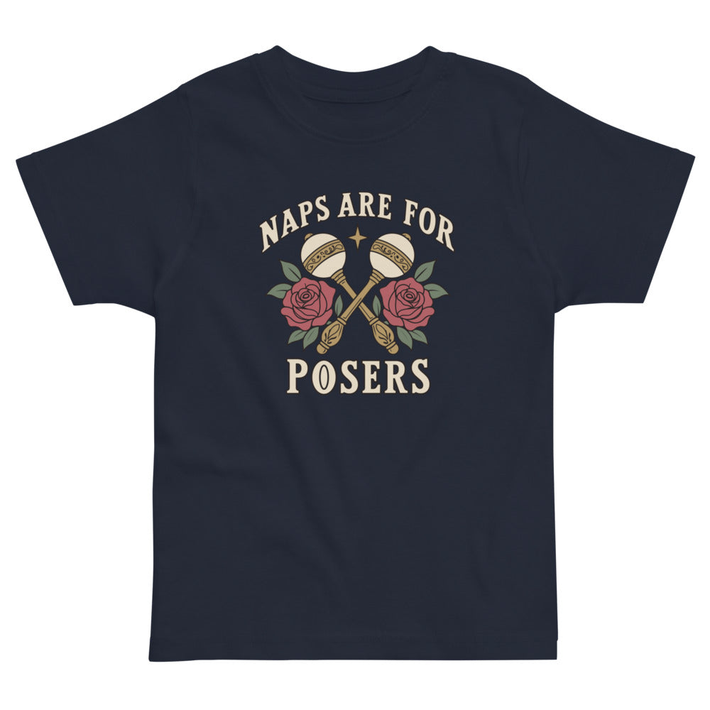 Naps Are for Posers Toddler Tee, navy, crossed rattles, roses and Naps Are for Posers lettering, product view.