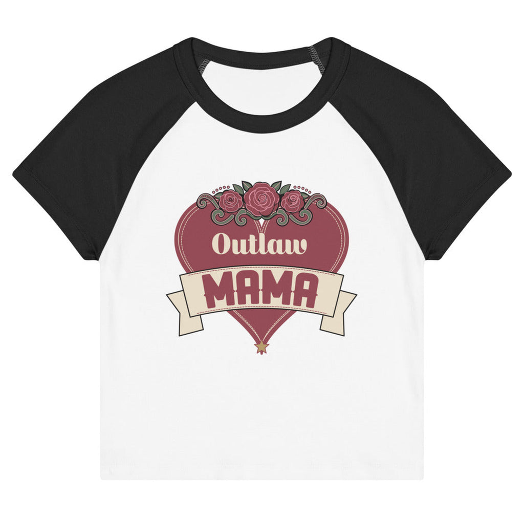 Outlaw Mama Women's Raglan Baby Tee in White / Black, product view on clean background.