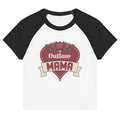 Outlaw Mama Women's Raglan Baby Tee, white, rose-crowned heart and Outlaw MAMA banner, product view.