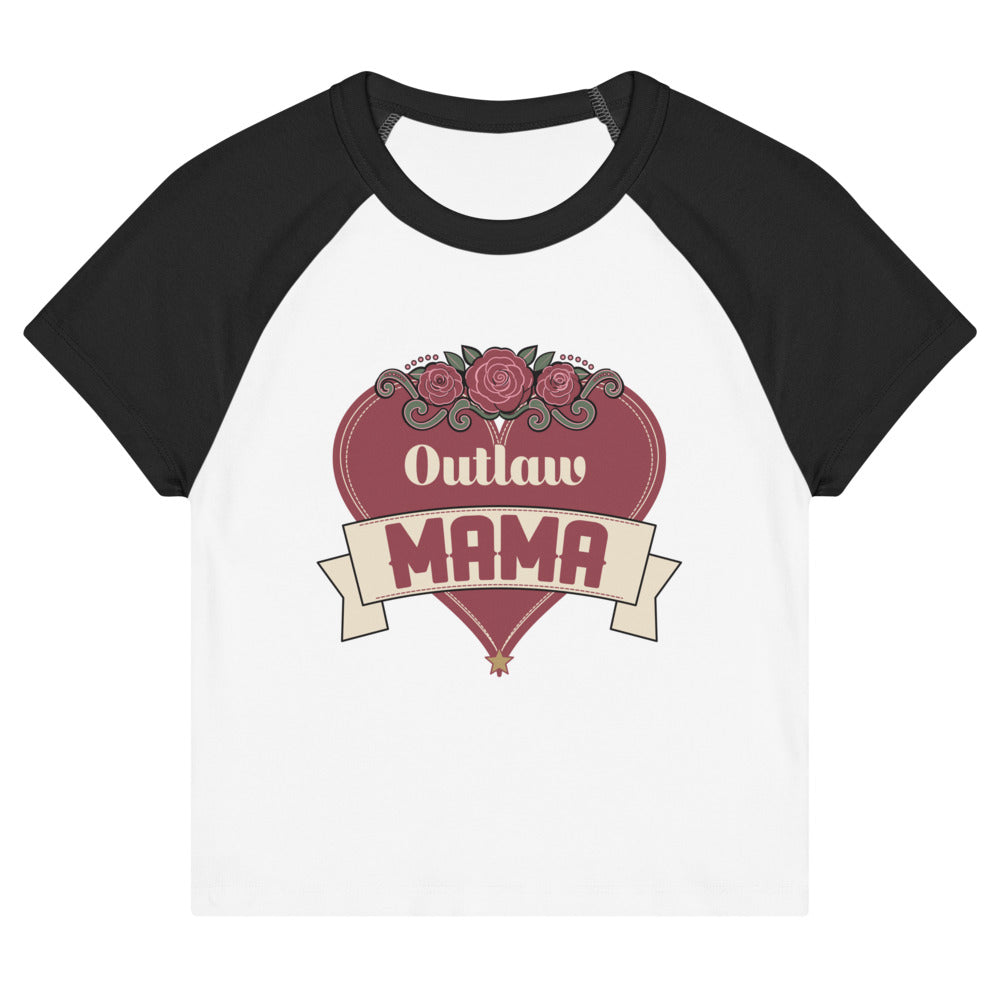 Outlaw Mama Women's Raglan Baby Tee, white, rose-crowned heart and Outlaw MAMA banner, product view.