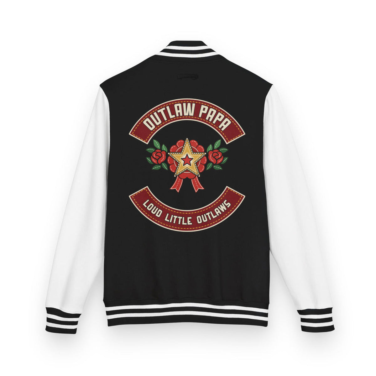 Outlaw Papa Varsity Letterman Jacket in Jet Black / Arctic White, back view on clean background.