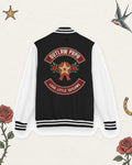 Outlaw Papa Varsity Letterman Jacket in Jet Black / Arctic White, back view on pale ivory with faded colored tattoo flash.