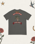 Papa of a Loud Little Outlaw Hi-Desert Heavyweight Tee in Pepper, back view on pale ivory with faded colored tattoo flash.