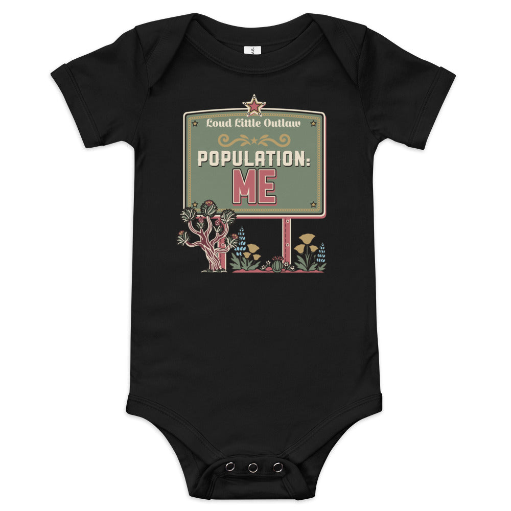 Population: Me Desert Western Baby Bodysuit, black, population: Me town sign with desert plants and flowers, product view.