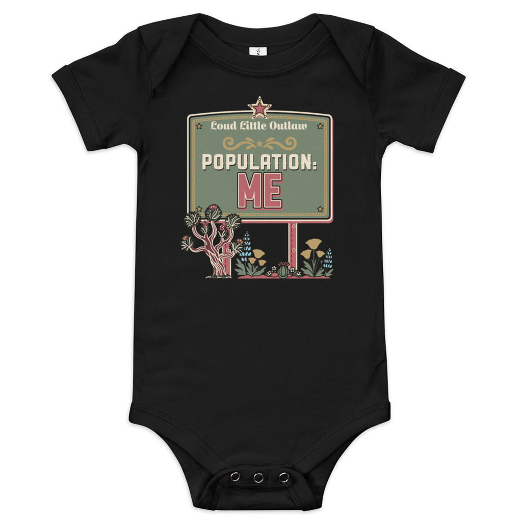 Population: Me Desert Western Baby Bodysuit in White, product view on clean background.