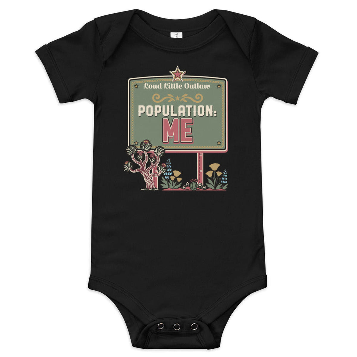 Population: Me Desert Western Baby Bodysuit in White, product view on clean background.